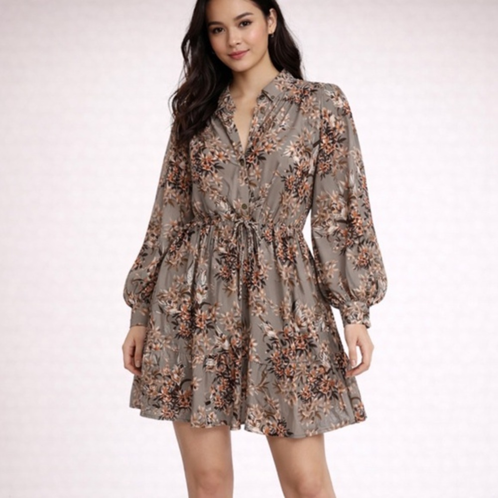 Aakaa Floral Mini Dress Balloon Sleeves Boho Beige Brown Size M